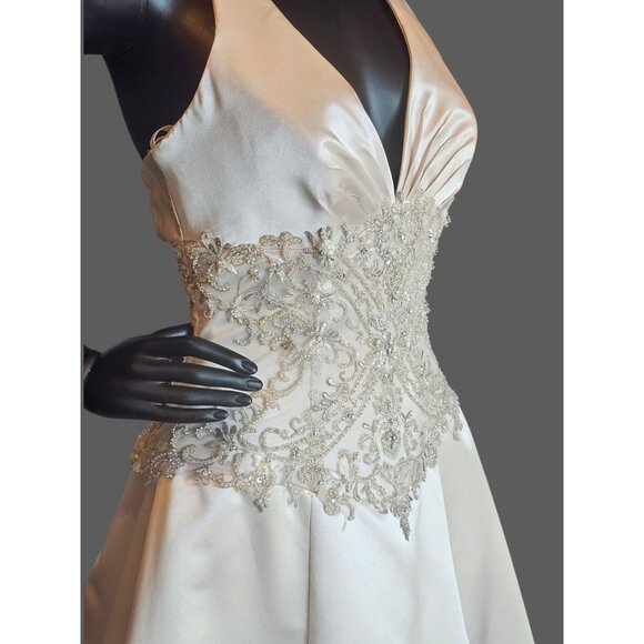 NWOT - Pearl Satin Halter Beaded Basque Waist Wedding Gown - Allure Bridal - Picture 5 of 12